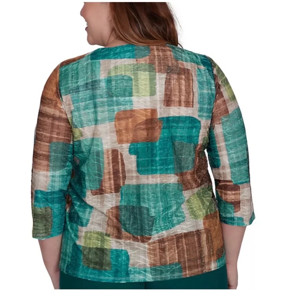 Alfred Dunner green colorblock top Plus Size Abstract Print 3/4 Sleeves